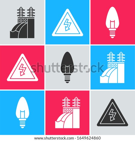 Set Nuclear power plant, High voltage sign and Light bulb icon. Vector