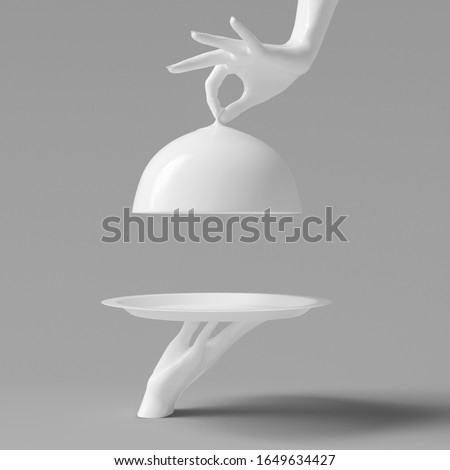 White Dish with lid holding hands isolated, opened restaurant cloche, launch time promo banner concept. 3d rendering