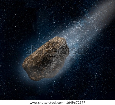 Asteroid speeding forward in deep space on star field background