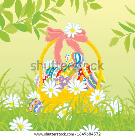 Easter wicker basket with colorfully painted eggs and white flowers, vector cartoon illustration