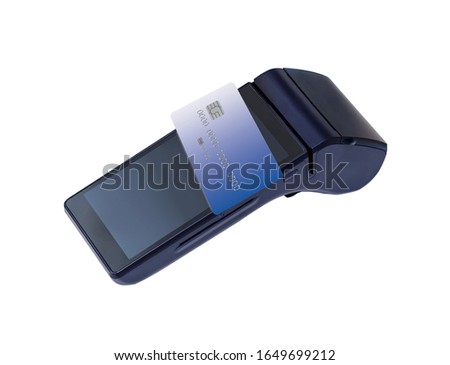 Modern blue payment terminal. Payment with card.  Isolated on the white.