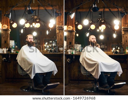 Collage portrait photo of man sitting in hairdresser chair. Changing male appearance in barber shop. Advantage of visiting modern barber shop. Comparison before and after. Men's beauty and rudeness.