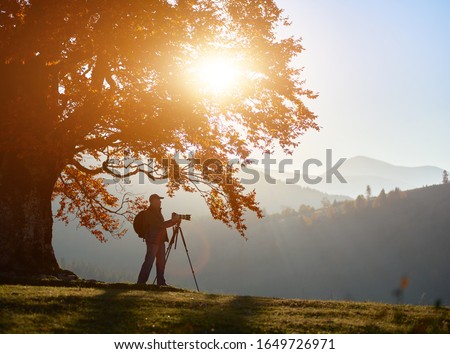 Male tourist photographer with backpack, tripod and professional camera standing under large oak tree with golden leaves on woody foggy mountains landscape and bright sun in blue sky background.