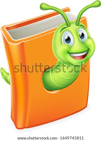 A cute bookworm caterpillar worm cartoon character education mascot coming through a book