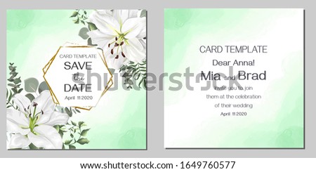 Floral design for your wedding. Template for invitation. White lilies, green watercolor background, leaves and plants, eucalyptus. Gold polygonal frame.