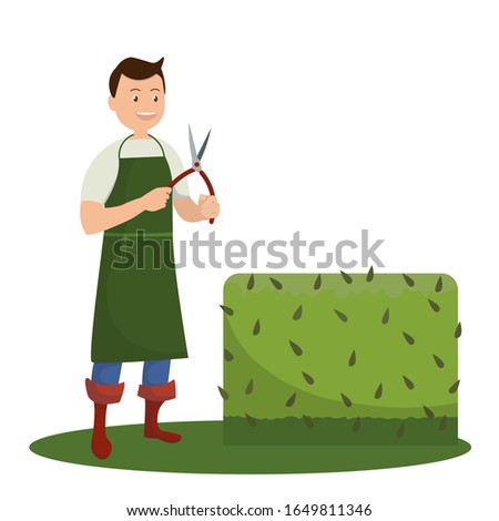 Smiling man holding a pruning shears in his hands standing next to a green bush. Isolated on white background. Vector stock illustration