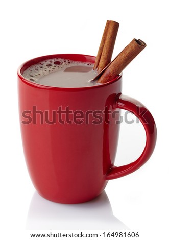 Red mug of hot chocolate drink with cinnamon sticks isolated on white background