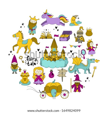 Set of fairy tale objects collection. Hand drawn doodle illustration with unicorn, king, queen, prinncess, magic book, dragon, castle, carriage, knight etc.