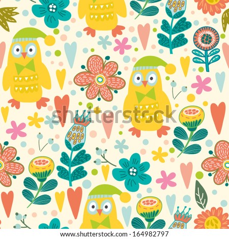 Cute floral pattern with funny birds.