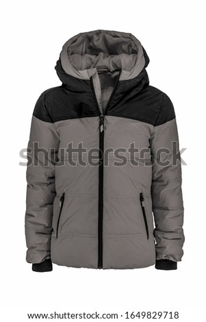 Men's grey with black hooded warm sport puffer jacket isolated over white background. Ghost mannequin photography