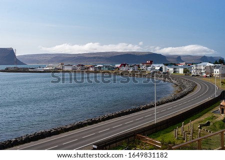 View of Patreksfjordur city in the West fjord during summertime. Iceland