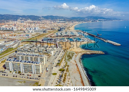 Aerial view of Badalona with port detail. Province Barcelona Spain Royalty-Free Stock Photo #1649845009