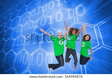 Composite image of three enviromental activists jumping and smiling