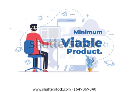 MVP vector illustration of young people. Man is sitting with computer. Flat concept design of minimum viable product. Minimum viable product. Minimal valuable product. Royalty-Free Stock Photo #1649869840