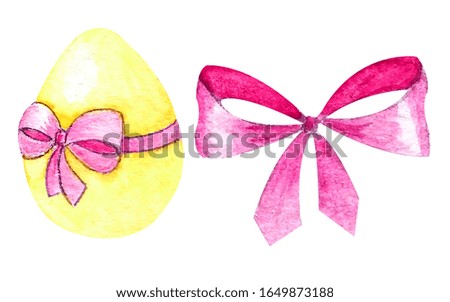 Set of two Easter elements: watercolor yellow egg with pink bow and pink bow.Isolated on a white background.