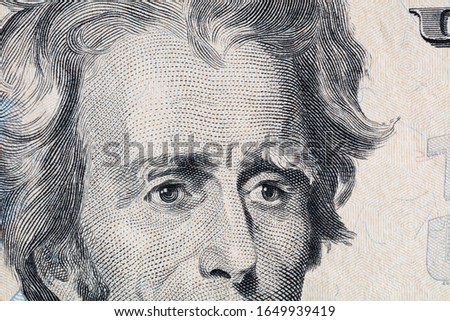 Closeup of front side of 20 dollar banknote