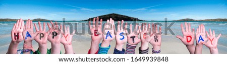 Children Hands Building Word Happy Easter Day, Ocean Background