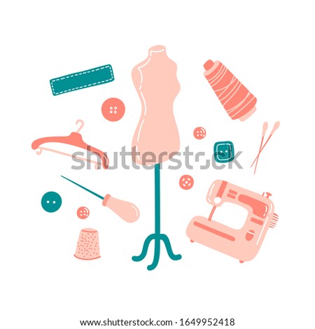 Sewing tools - thread, sewing machine, needle, straight pins, mannequin, handle awl, textile patches, thimble, buttons. Cute flat vector illustration isolated on white background. Decorative elements.