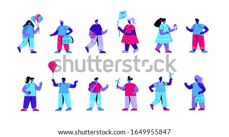 Set of kindergarten children playing with pinwheels, kites, eating ice cream. Bundle of primary or elementary school kids, pupils, classmates. Happy childhood. Flat blue vector illustration.