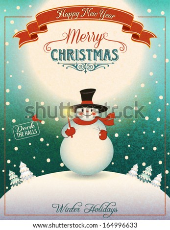 Snowman on the Hill - Christmas poster and greeting card with cheerful snowman holding Christmas candle on top of moonlit snowed-in hill, with snow-capped pine trees in the distance