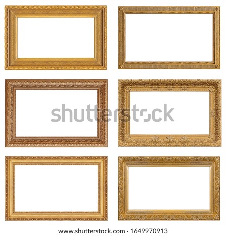 Set of panoramic golden frames for paintings, mirrors or photo isolated on white background