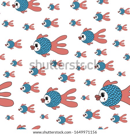 Vector seamless pattern with cute fish.color hand-drawn illustration in the cartoon style on white background.suitable for fabric design, bed linen,t-shirt design, mug design, packaging paper.