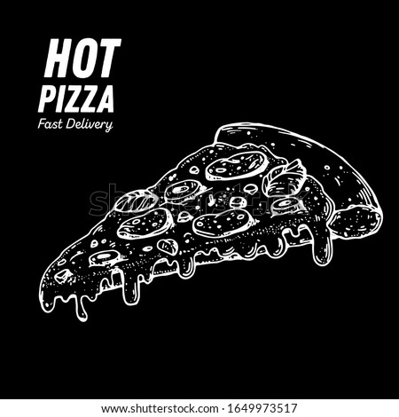 Italian Pizza hand drawn illustration. Pizza slice. Packaging design template. Sketch illustration.