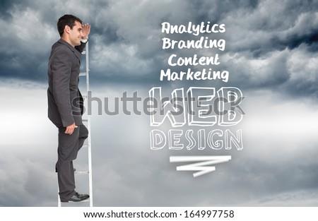 Composite image of happy businessman standing on ladder peering