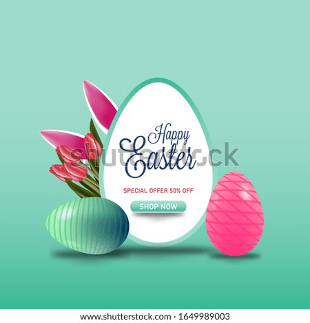 Easter sale banner with colorful painted easter eggs and flower. Vector Illustration of Happy Easter Holiday with Painted Egg, Rabbit Ears and Flower on Colorful Background.