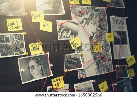 Detective board with crime scenes, photos of suspects and victims, evidence with red threads, vintage toned