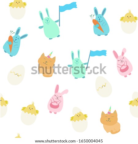 Happy Easter Day Seamless Pattern with eggs, yellow chick, unicorn cat and Bunny. For printing wrapping paper, wallpaper, packaging, fabric. For web pages design. Hand Drawn vector illustration.