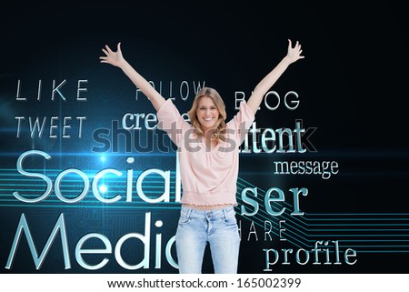 Composite image of a full length shot of a smiling woman who has her arms raised up