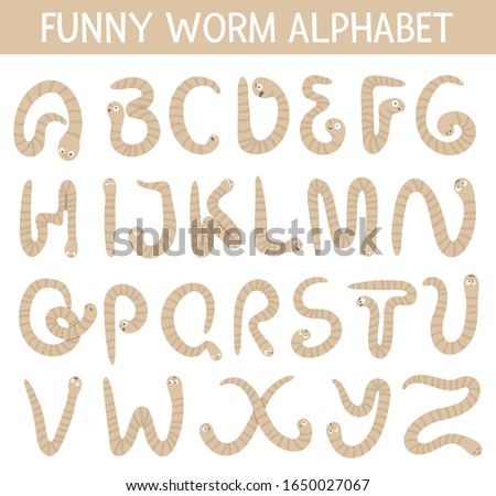 Spring garden themed alphabet for children with worms. Cute flat ABC with insects. Horizontal layout funny poster for teaching reading on white background