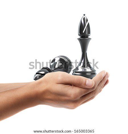 Man hand holding object ( Chess black ) isolated on white background. High resolution 