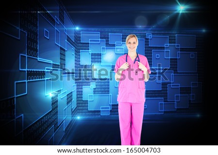 Composite image of confident young female surgeon holding a stethoscope