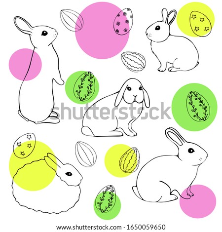 Cute bunnies with eggs. Easter symbol, design element. Hand drawn vector illustration, label or card isolated on white background.