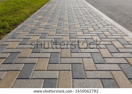 Colorful cobblestone road pavement and lawn divided by a concrete curb. Backlight. Diminishing perspective.  Royalty-Free Stock Photo #1650062782