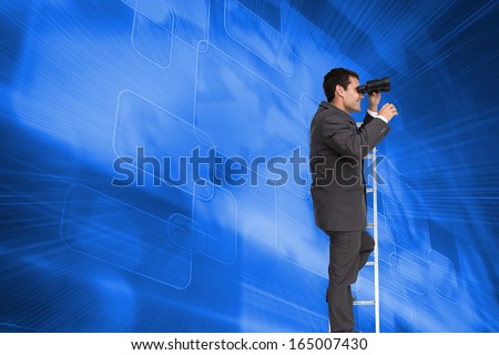 Composite image of businessman standing on ladder holding binoculars
