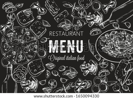 Line art food composition with delicious pizza, pasta with tomatoes, cheese and red wine. Sketch style. Italian restaurant menu template. Black background. Vector