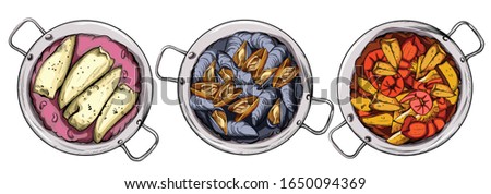 Set of saucepans with bean and fish dish, mussels and seafood soup. Spanish cuisine. Line art Vector