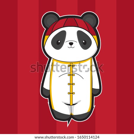 Cute cartoon panda using costume festival, isolated background in red