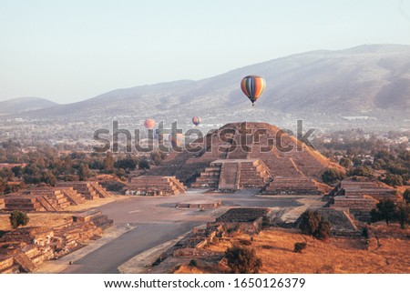 View of the Teotihuacan pyramids from an air balloon Royalty-Free Stock Photo #1650126379