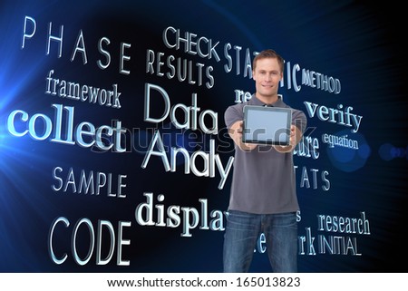 Composite image of young man showing screen of his tablet computer