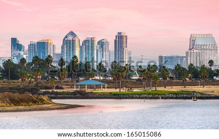 Mission Beach Sunset and View of Downtown, San Diego California, USA 