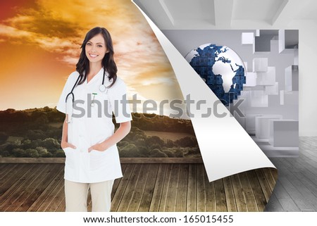 Composite image of confident female doctor standing in front of the window while smiling