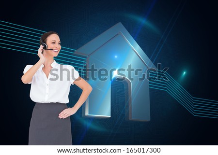 Composite image of cheerful smart call center agent working while posing