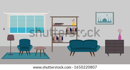 
vector design room interior with sofa tv window and books