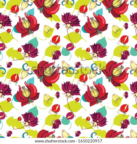 Seamless pattern with red flowers and foliage, hand-drawn illustration, seasonal ornament for textile or paper. Floral ornamental background isolated on white. Vector eps10
