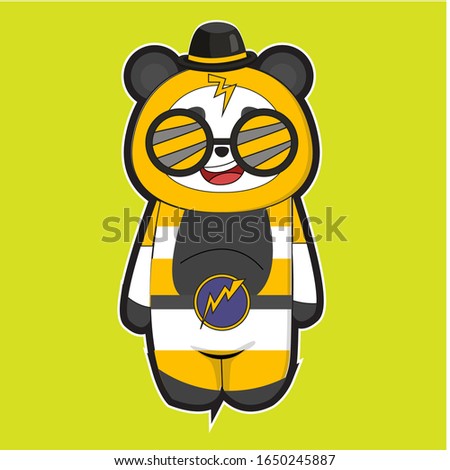 cute panda cartoons using yellow and gray clothes and green isolated background.
