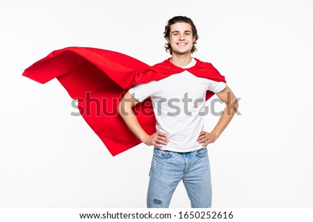power and people concept - happy man in red superhero cape over white Royalty-Free Stock Photo #1650252616